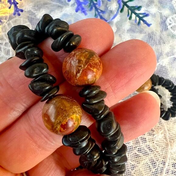 Vintage Natural Raw Black Onyx Chalcedony & Red Creek Jasper Necklace 39” - Picture 5 of 12